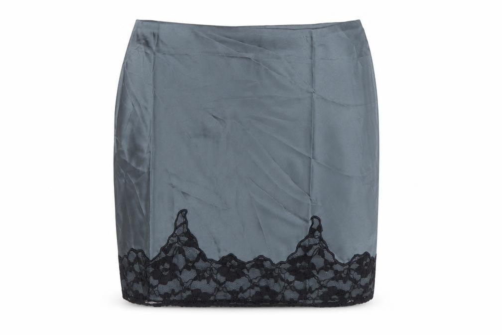 Front view of ASOS DESIGN Women’s Grey Lace Trim Satin Pencil Skirt, size UK 10