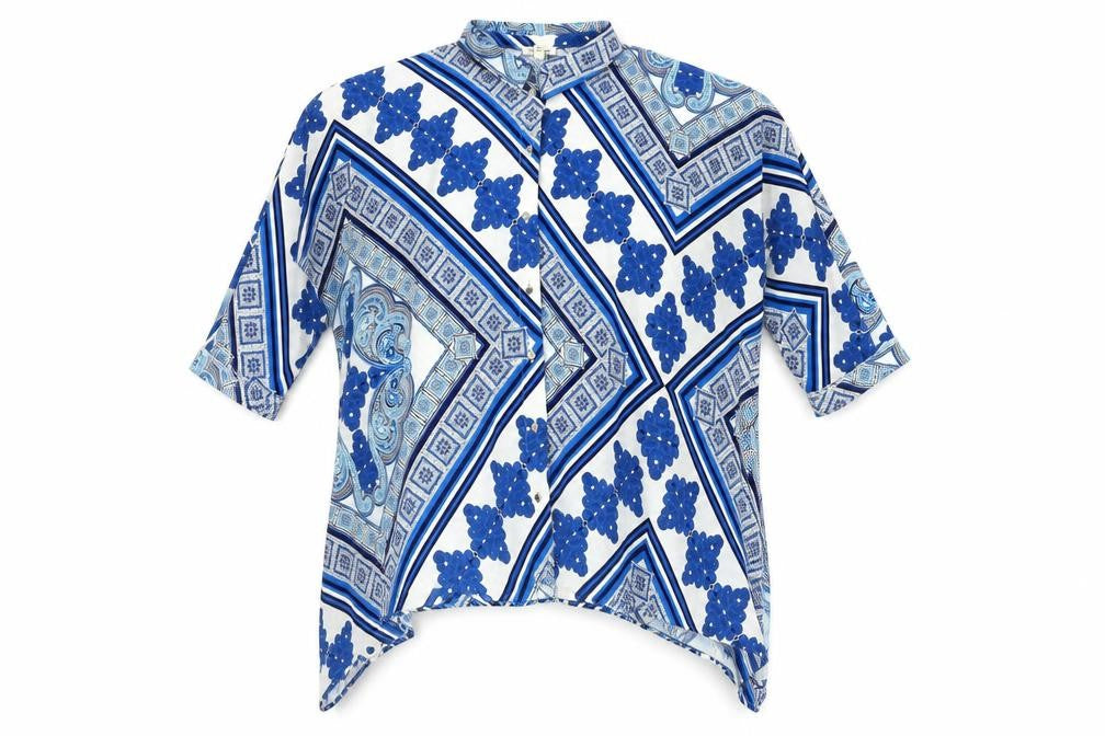 River Island Women Blue Geometric Tunic Button-Up Shirt Size 10