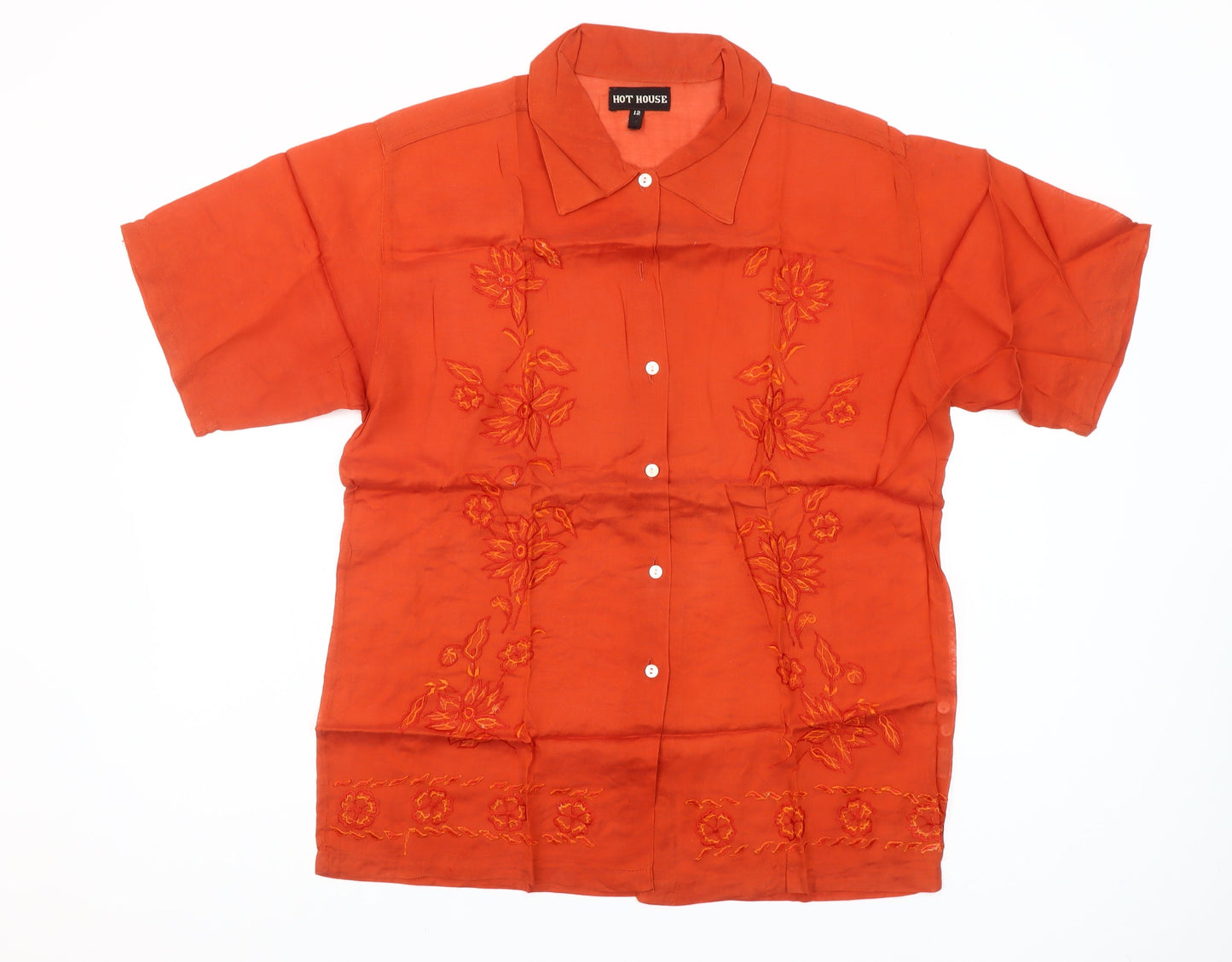 Hot House Women’s Orange Embroidered Cotton Button-Up Shirt Size 12