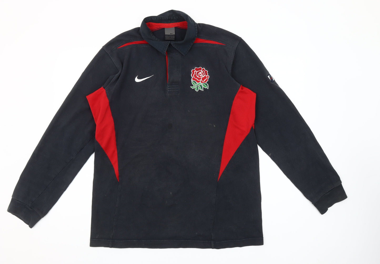 Nike England Rugby Black Red Long Sleeve Men's L Cotton Polo Shirt
