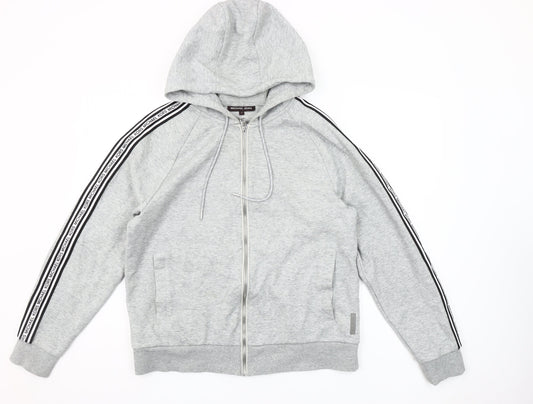 Michael Kors Womens Grey Full Zip Hoodie Medium Logo Stripe Casual
