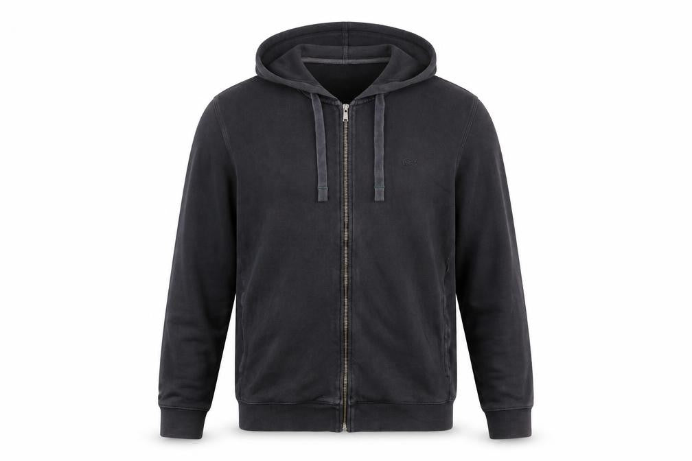 Front view of Lacoste Men’s Black Full Zip Hoodie, size L, Cotton Regular Fit