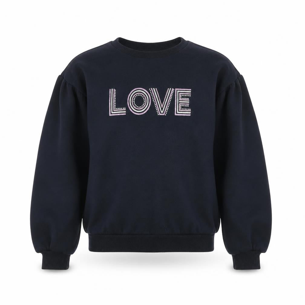 Front view of I Love Girlswear Navy LOVE Jumper girls’ age 12 cotton blend crew neck