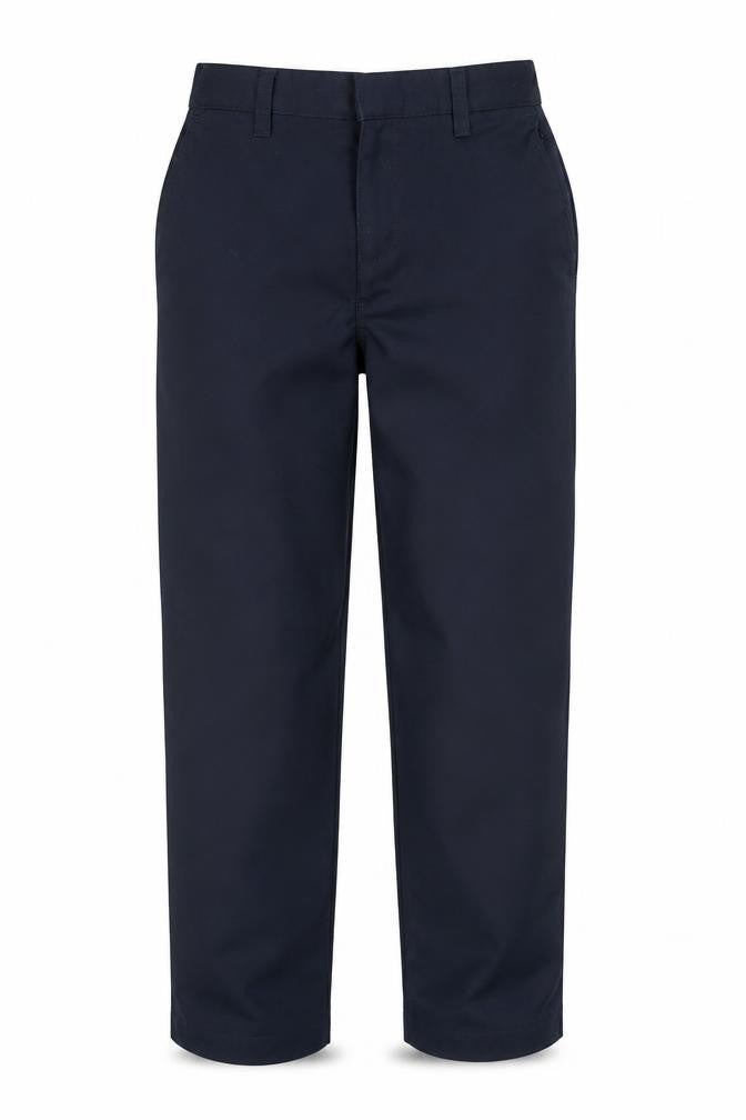 Front view of Dunnes boys’ blue school uniform trousers 7-8 years adjustable waist