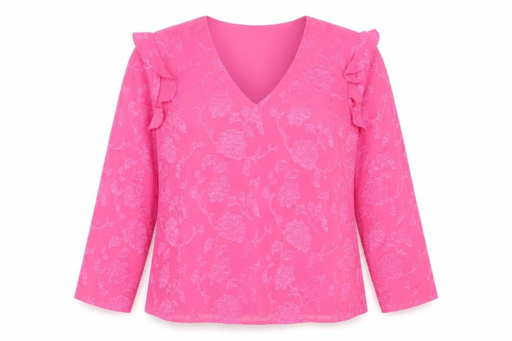 Front view of Dunnes Women’s Pink Floral Ruffle V-Neck Long Sleeve Blouse M