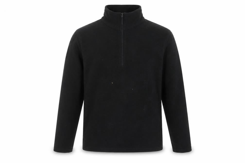 Front view of Mountain Warehouse boys’ black fleece 1/4 zip pullover sweatshirt, size S