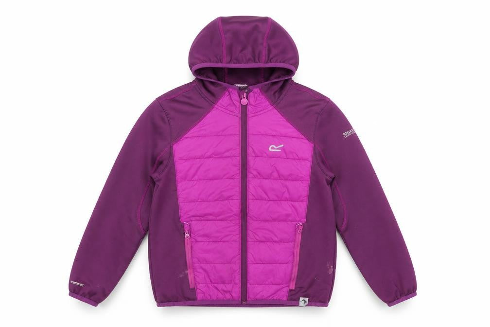 Front view of Regatta girls’ purple hooded softshell puffer jacket 9-10 years