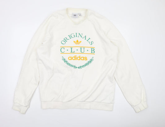 adidas Originals Men White Pullover Sweatshirt L Graphic Sports Crew Neck