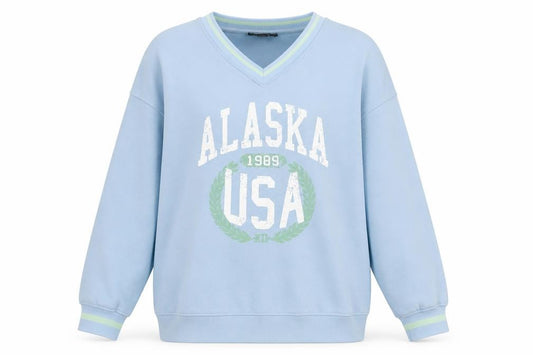 Primark Women Blue V-Neck Alaska USA Graphic Sweatshirt Size M