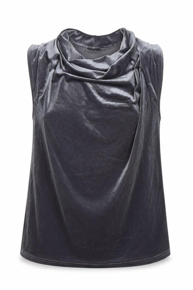 Front view of Gallery Women's Grey Velvet Cowl Neck Sleeveless Blouse, size S