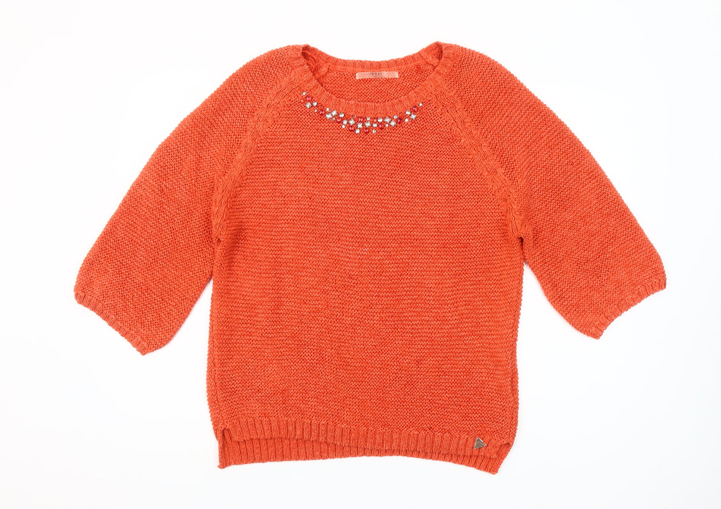 Guess Womens Orange Beaded Crew Neck Knit Jumper Size 12