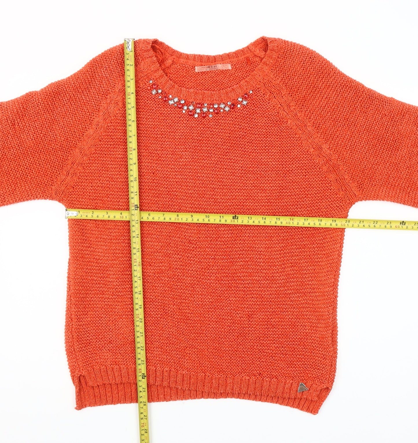 Guess Womens Orange Beaded Crew Neck Knit Jumper Size 12