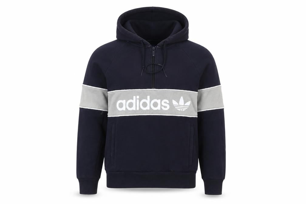 Front view of Adidas women’s navy blue half zip hoodie small cotton blend logo details