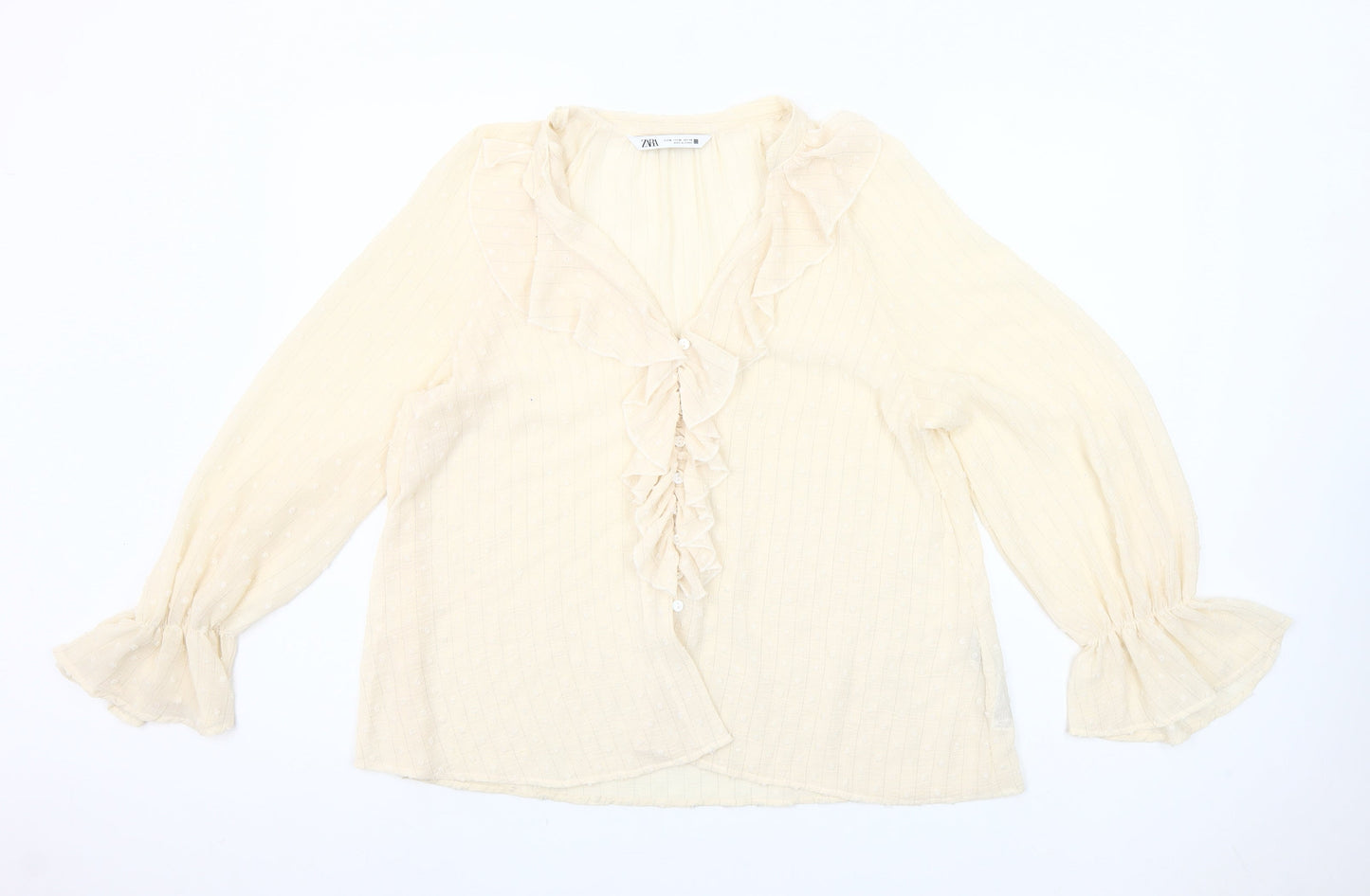 Zara Women Ivory Ruffle Long Sleeve Tunic Blouse Size M
