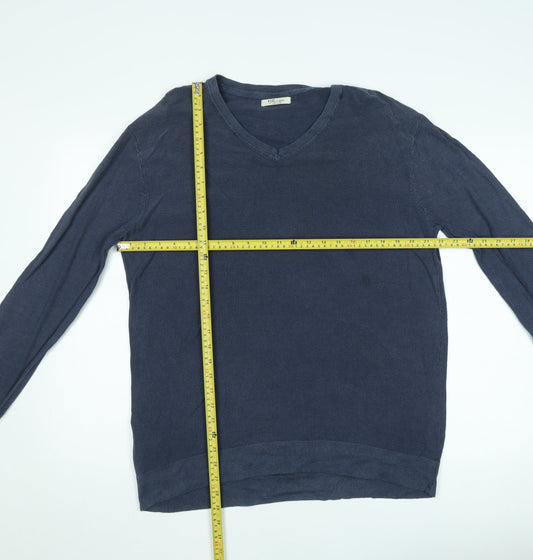 H.E. by Mango Men's Blue Cotton V-Neck Jumper Size L