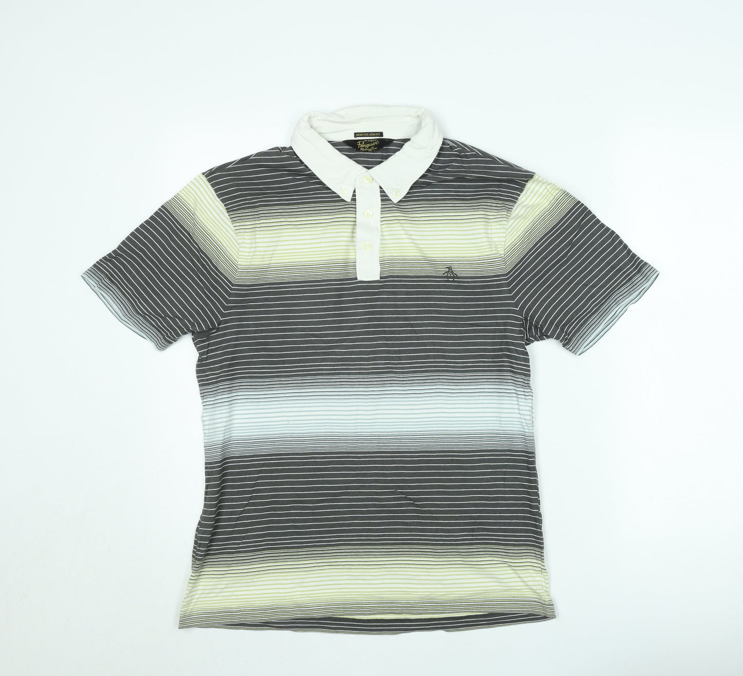 Original Penguin Heritage Slim Fit Men's Grey Striped Polo Shirt M