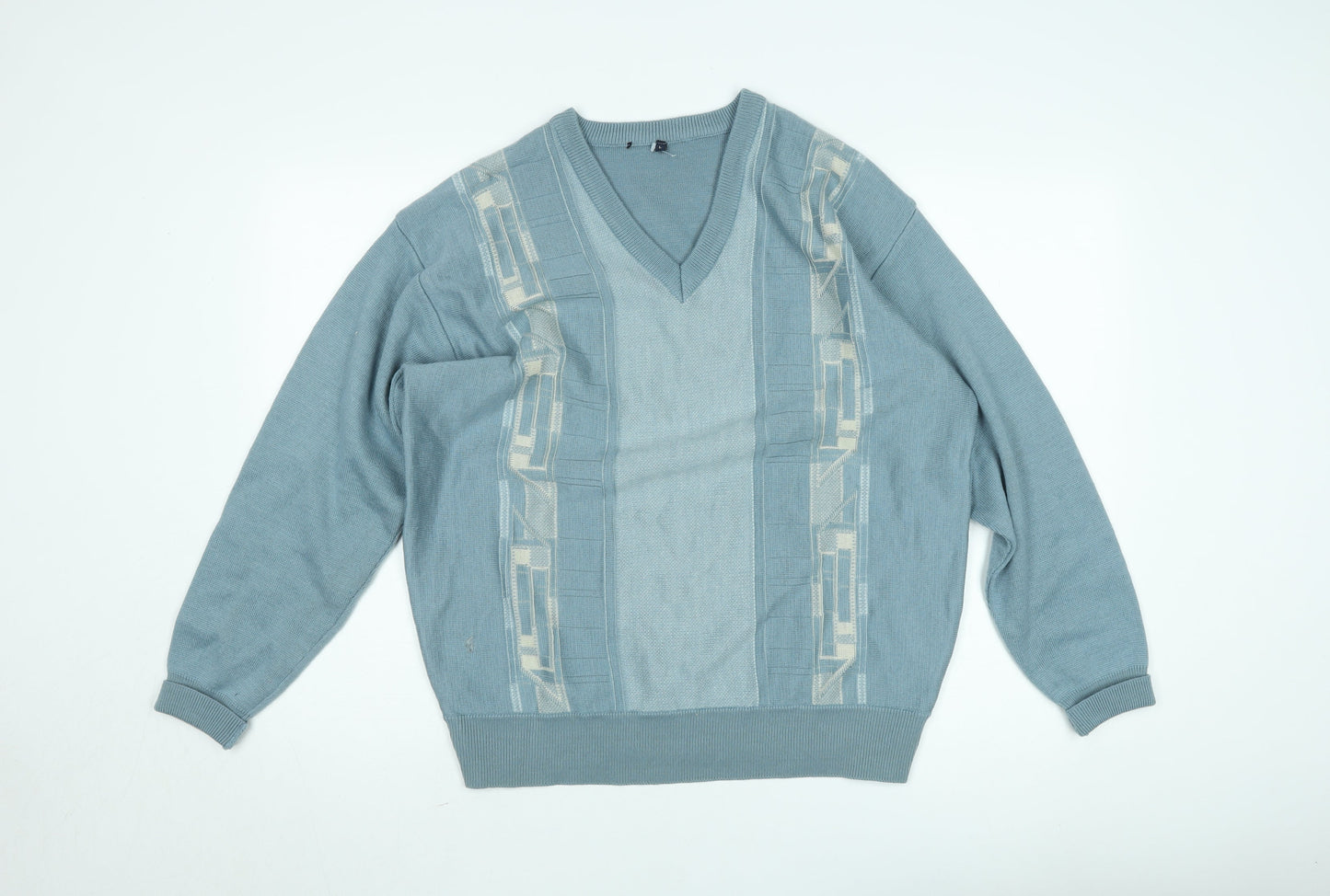Men’s Vintage Blue Geometric V-Neck Acrylic Jumper Size L