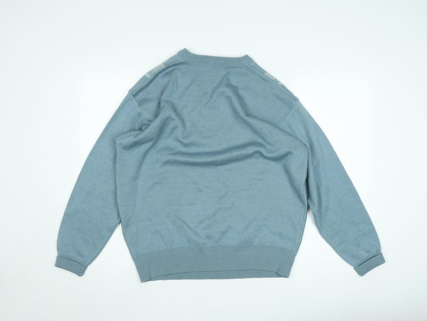 Men’s Vintage Blue Geometric V-Neck Acrylic Jumper Size L