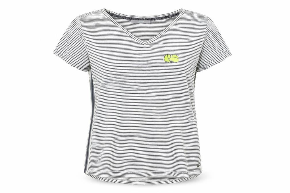 Cecil Womens White Striped V-Neck T-Shirt Size L Casual Cotton Blend