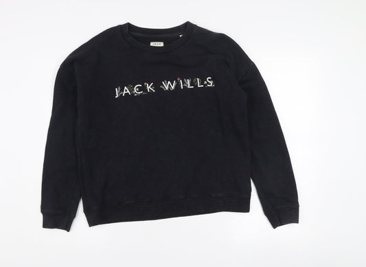 Jack Wills Womens Black Logo Sweatshirt UK 10 Classic Fit Crew Neck