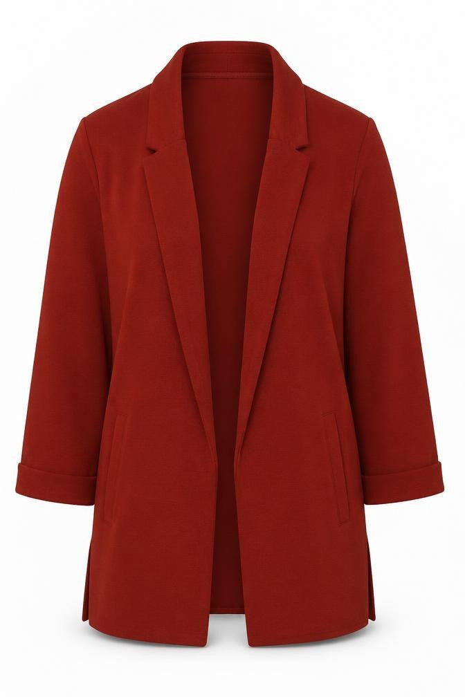 Front view of Dunnes women’s brown shawl collar 3/4 sleeve blazer jacket l