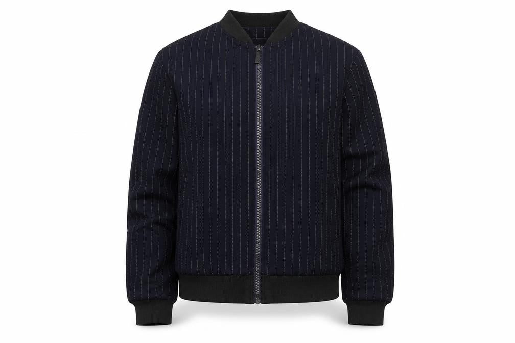 Front view of DKNY girls’ blue pinstripe bomber jacket, size 10, years cotton blend zip front
