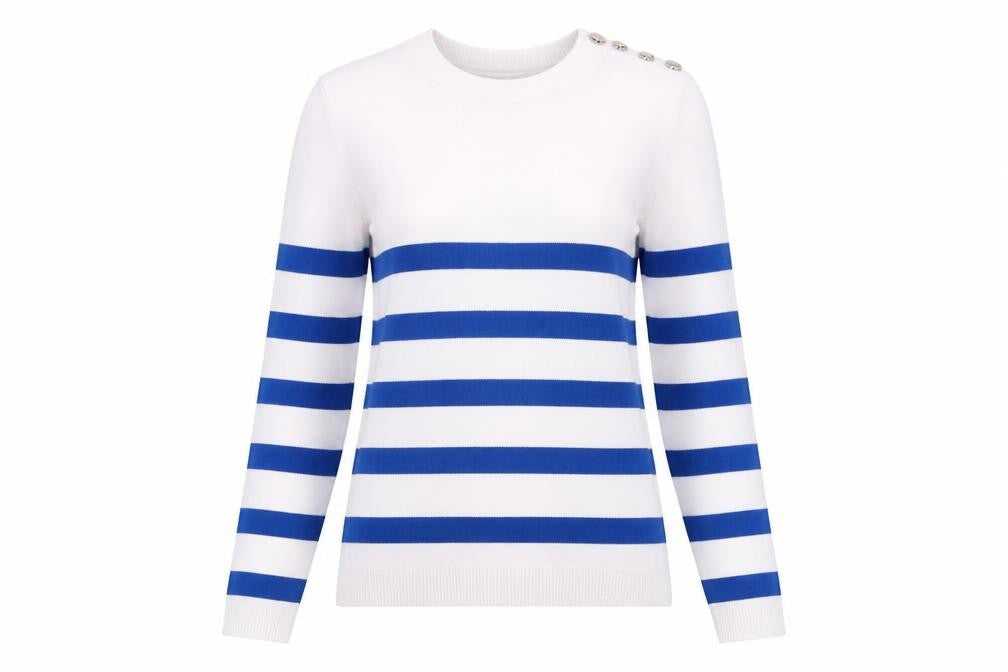 Savida Women's Blue White Striped Crew Neck Jumper XS