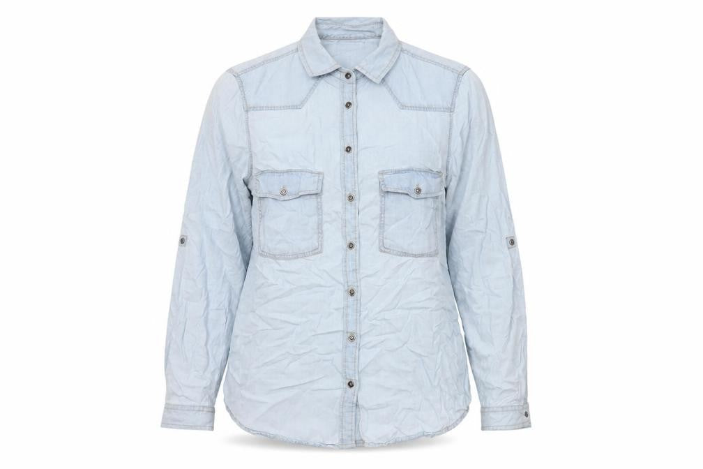 Zara Women Blue Lyocell Denim Embroidered Button-Up Shirt Size 8