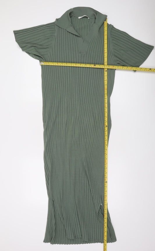 A Day’s March Women Green L Midi Collared Knit Shirt Dress