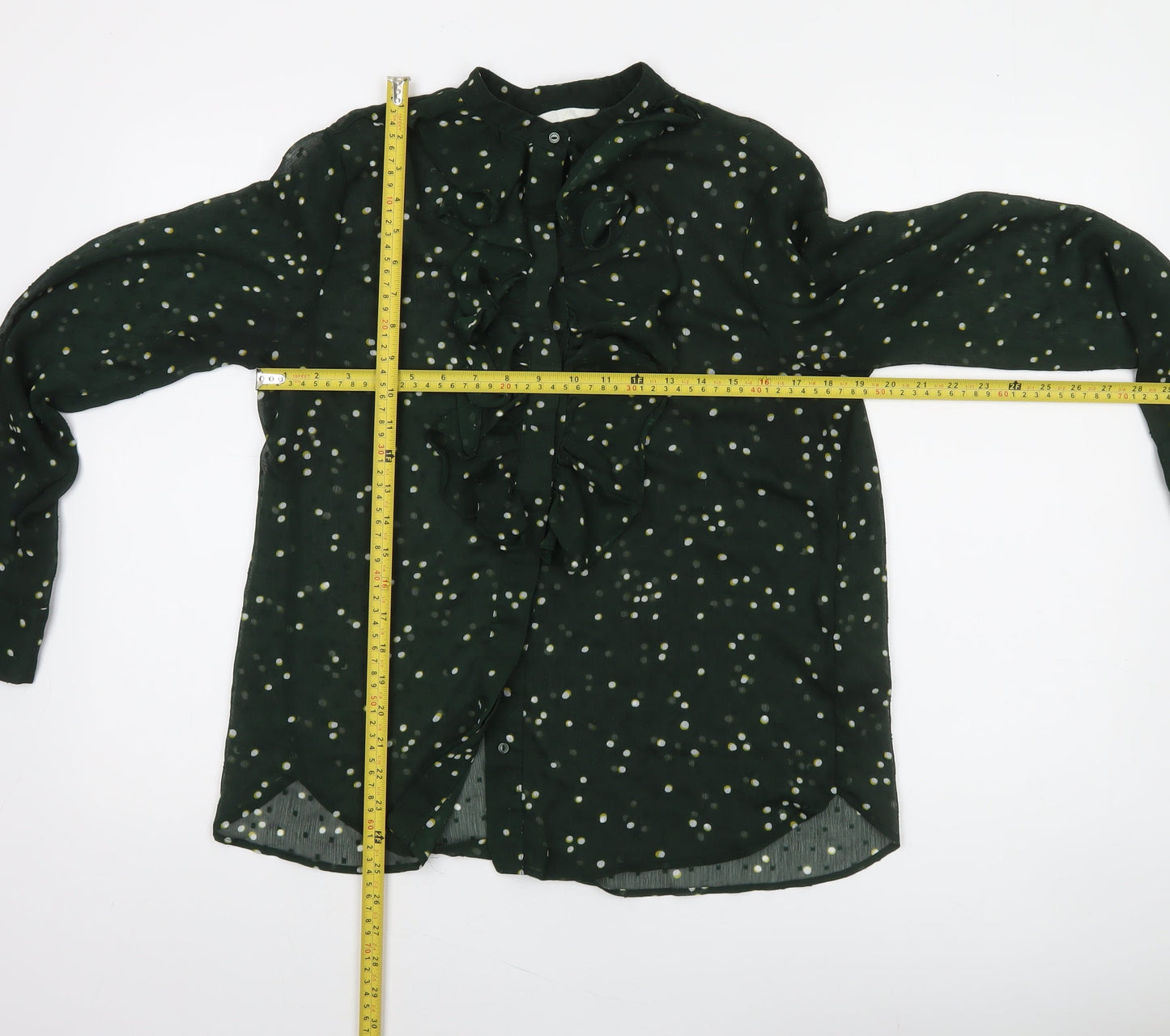 H&M Womens Green Polka Dot Ruffle Tunic Blouse Size 14