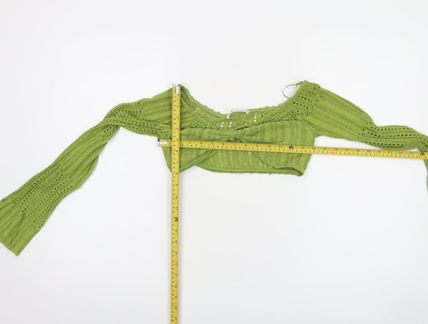 Pull&Bear Women Green Cropped Knit Long Sleeve Off Shoulder Top S