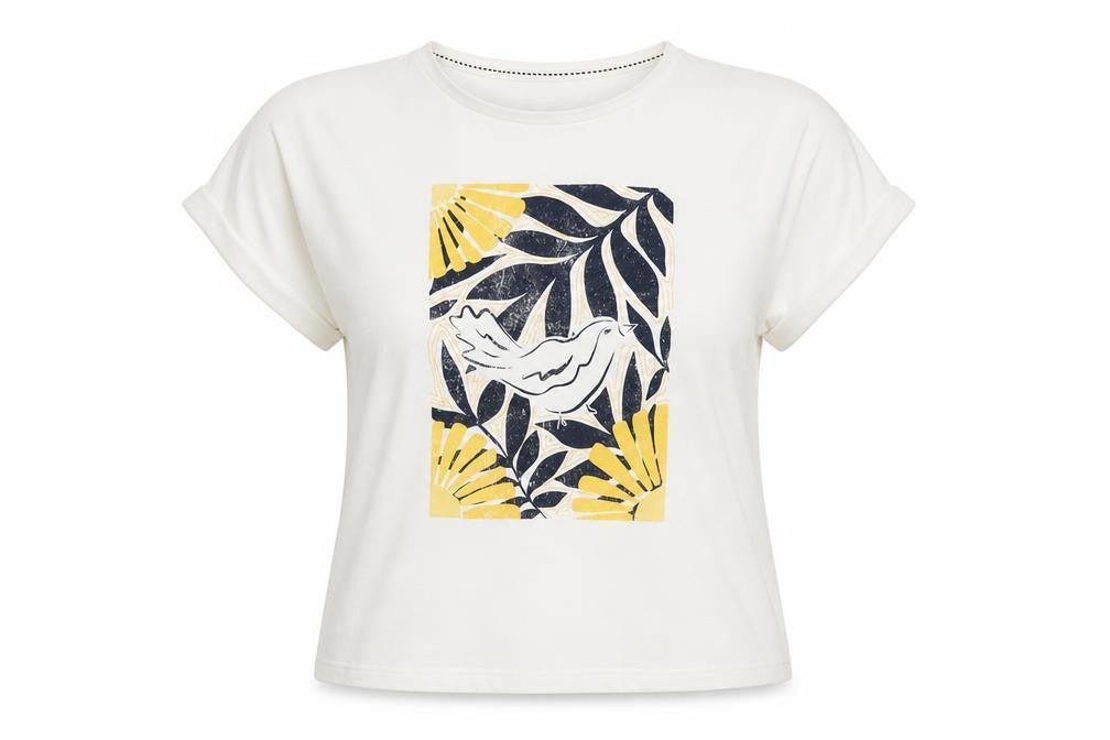 Autonomy Women’s White Floral Bird Print Cotton T-Shirt M