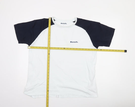 Bench Men’s White and Navy Raglan Crew Neck Cotton T-Shirt Size L