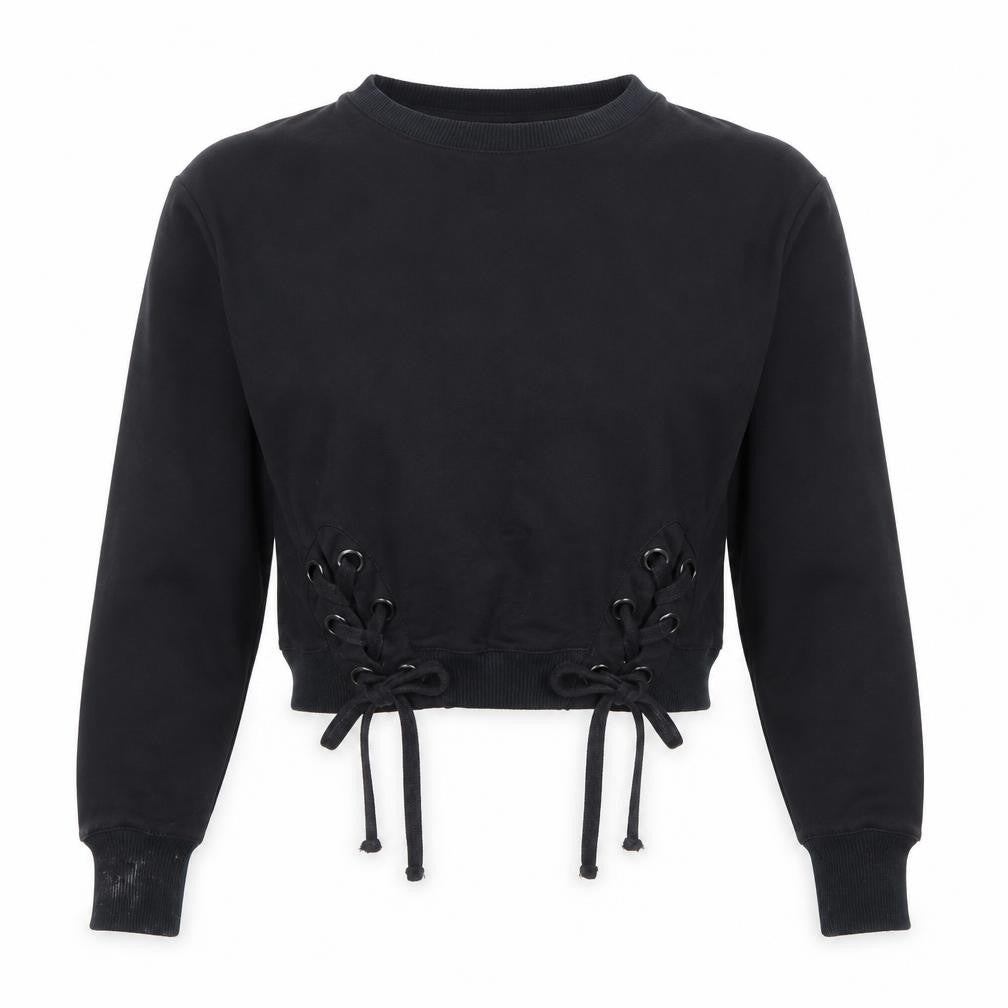 Find Black Lace-Up Hem Crew Neck Pullover Sweatshirt XS Women