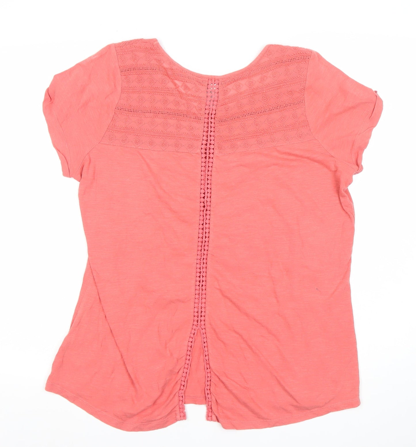 FatFace Women's Pink Short Sleeve Crochet Cotton Top Size 16