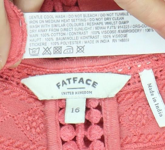 FatFace Women's Pink Short Sleeve Crochet Cotton Top Size 16