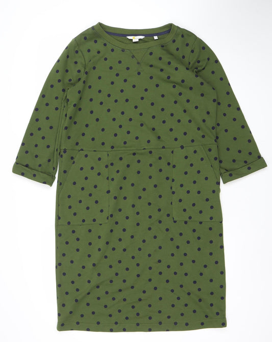 Boden Women’s Green Polka Dot Shift Dress UK14 3/4 Sleeve Jersey Cotton