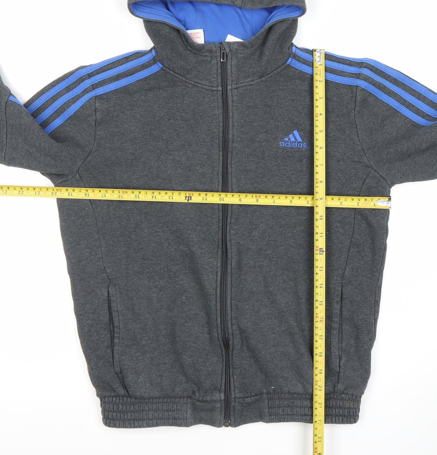 Adidas Boys Dark Grey Full Zip Hoodie 13-14 Years Cotton Blend Logo