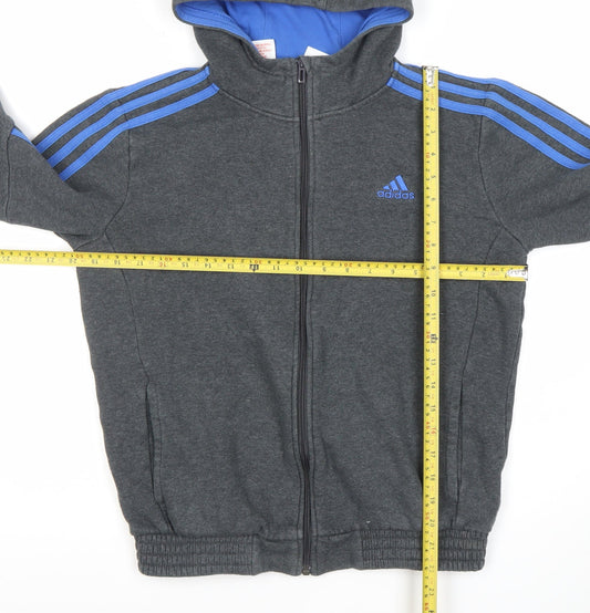 Adidas Boys Dark Grey Full Zip Hoodie 13-14 Years Cotton Blend Logo
