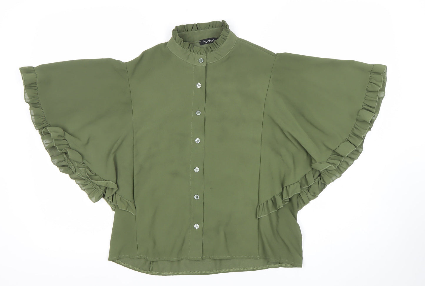 Boohoo Women’s Green Ruffle Short Sleeve Tunic Blouse Size 10