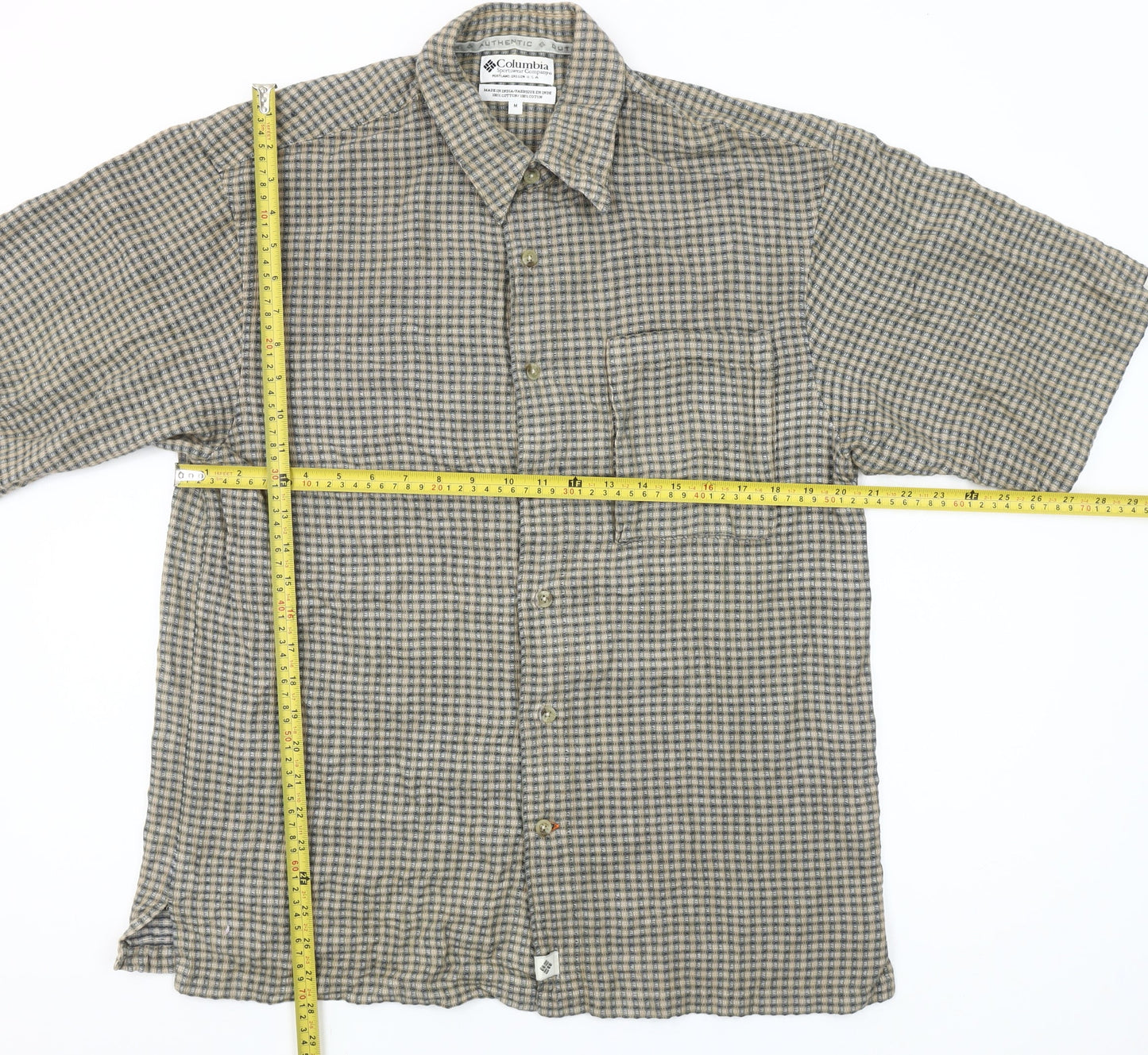 Columbia Men's Beige Check Short Sleeve Cotton Button-Up Shirt M