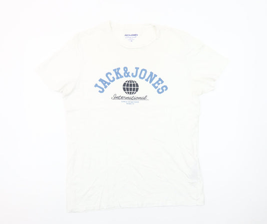 Jack & Jones Mens White Graphic Print Cotton Crew Neck T-Shirt L