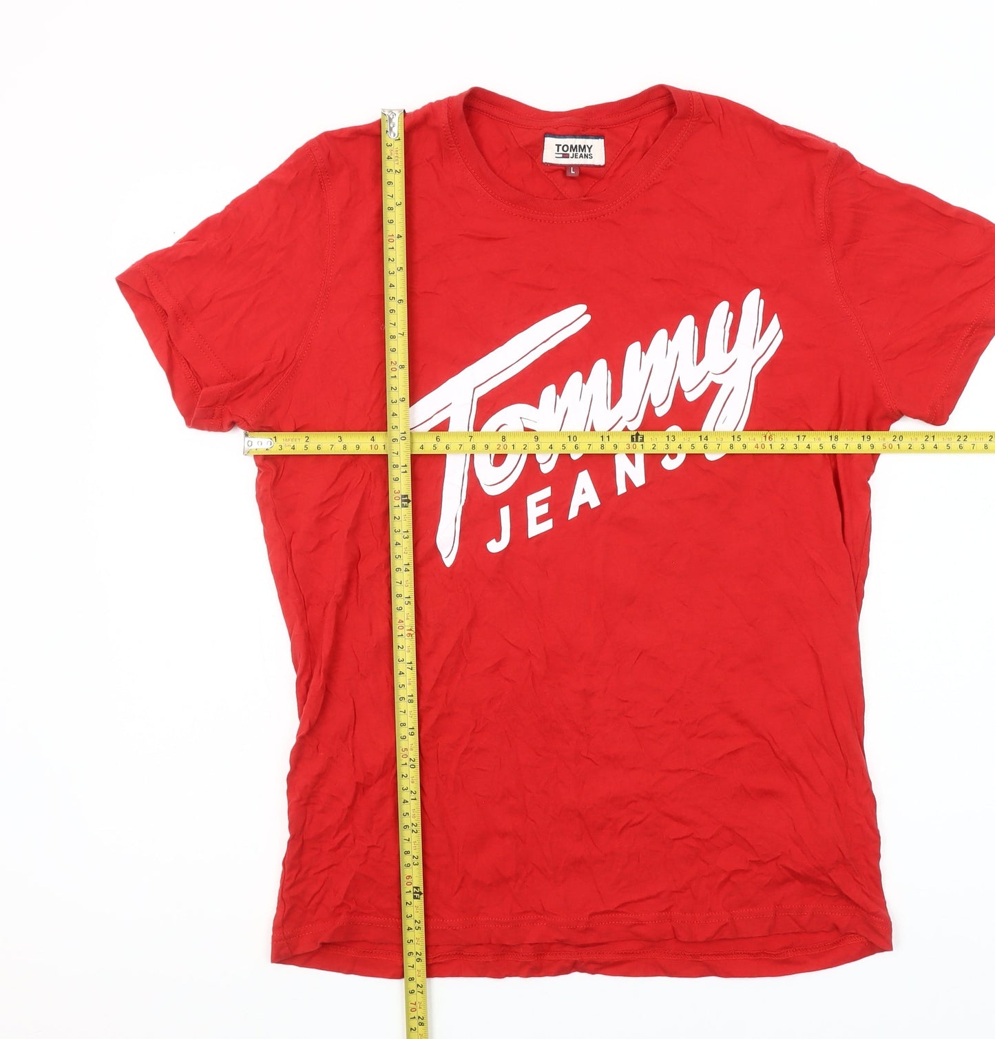 Tommy Jeans Men's Red Cotton Logo Crew Neck T-Shirt Size L