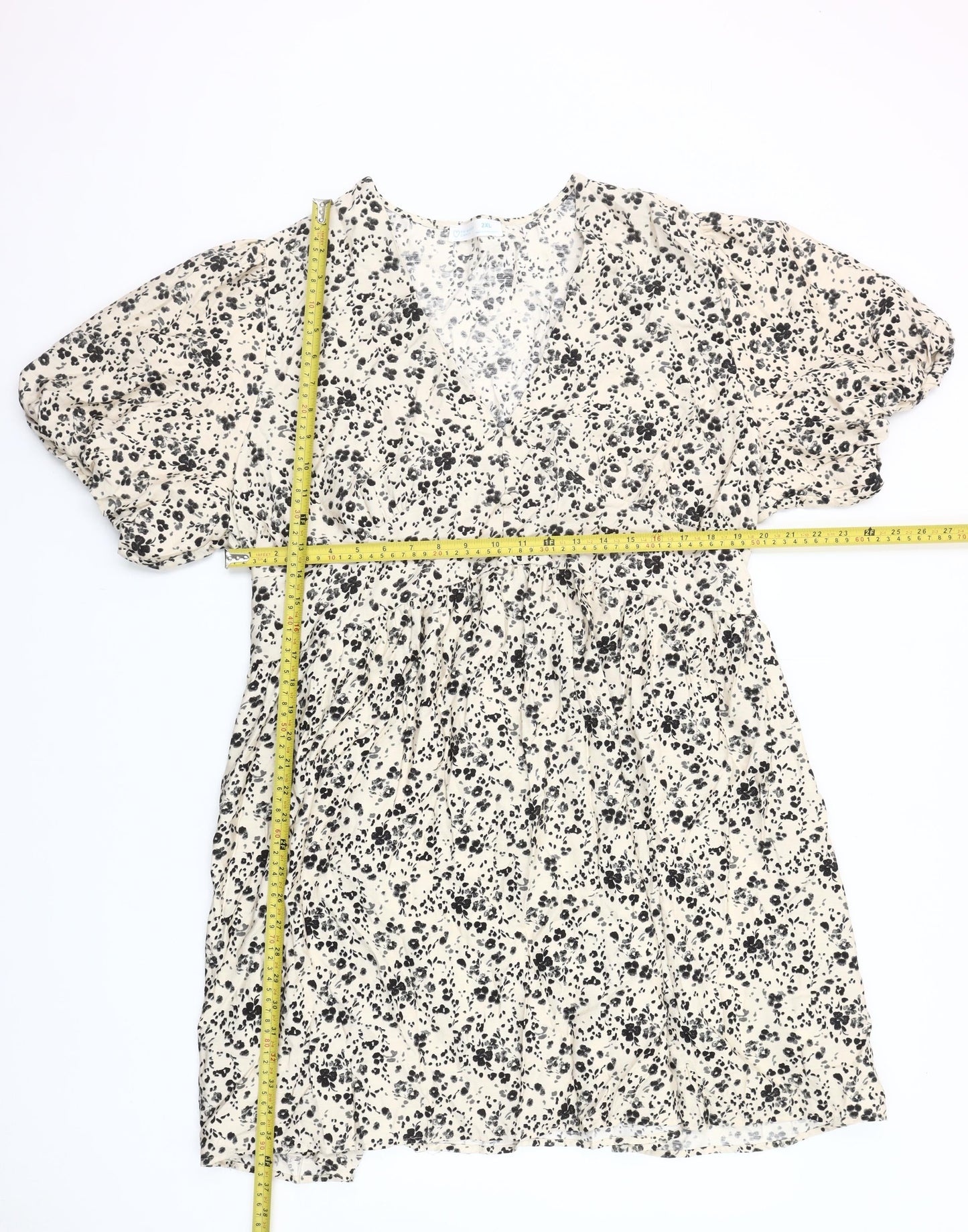 Primark Women Beige Floral Short A-Line Dress 2XL V-Neck Puff Sleeve