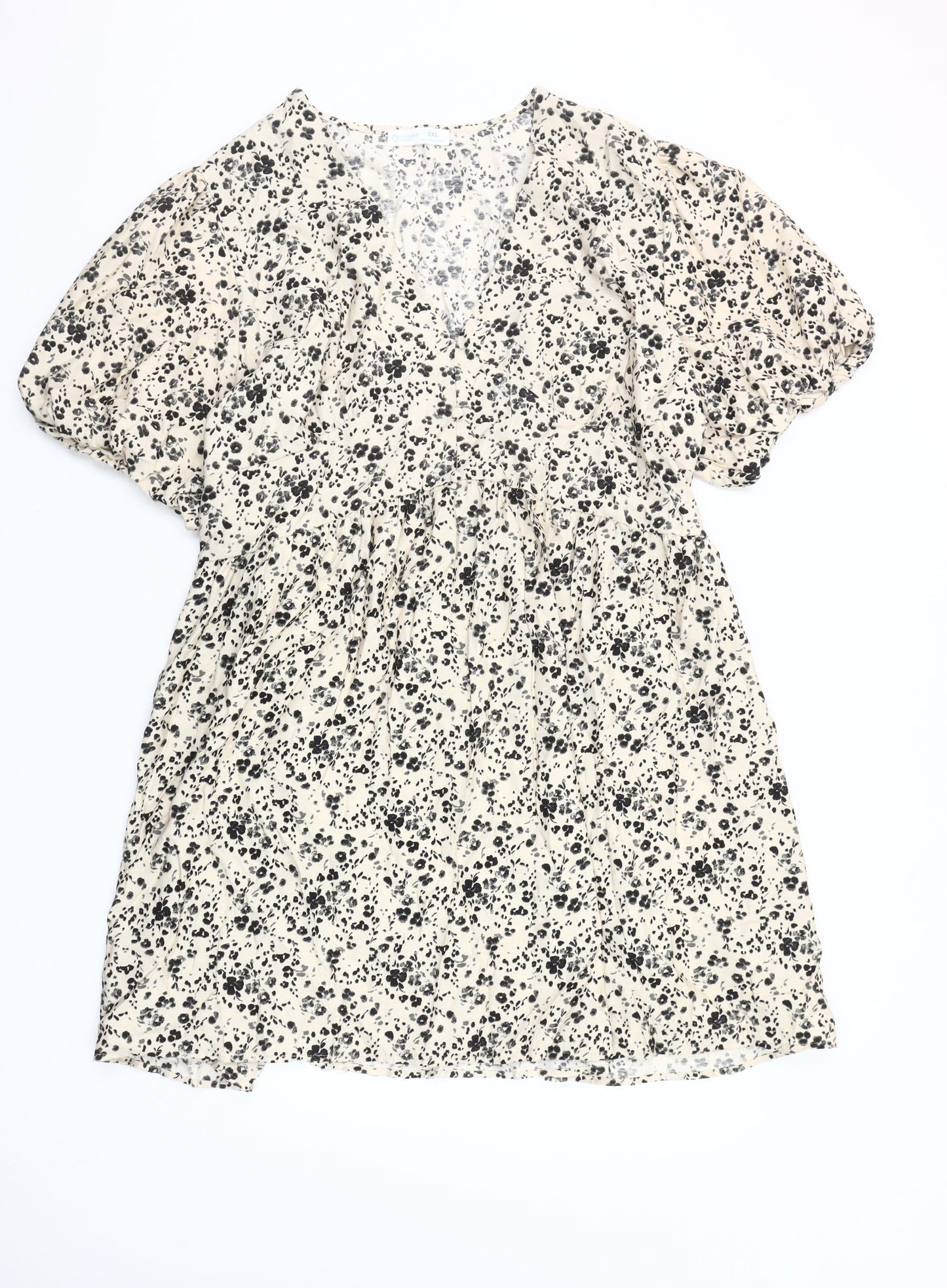 Primark Women Beige Floral Short A-Line Dress 2XL V-Neck Puff Sleeve