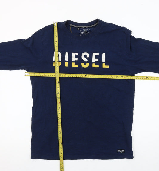 Diesel Men’s Blue Long Sleeve Logo Cotton T-Shirt Size L