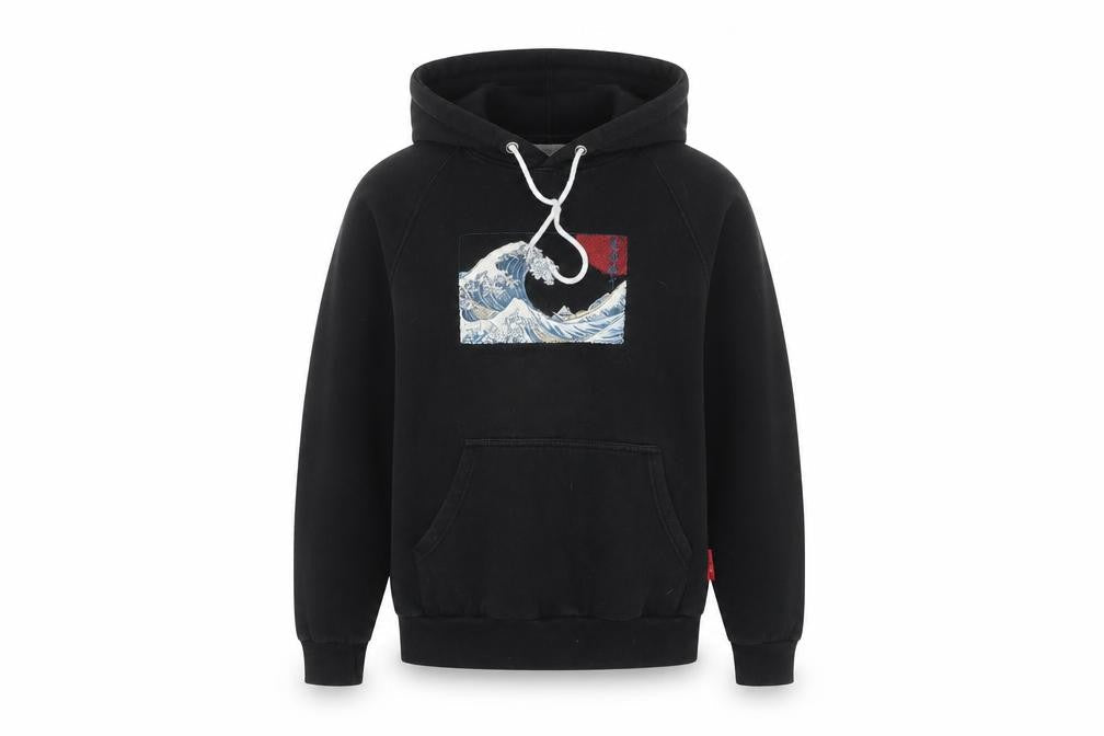 D4 Men's Black Pullover Hoodie M Embroidered Wave Art Design