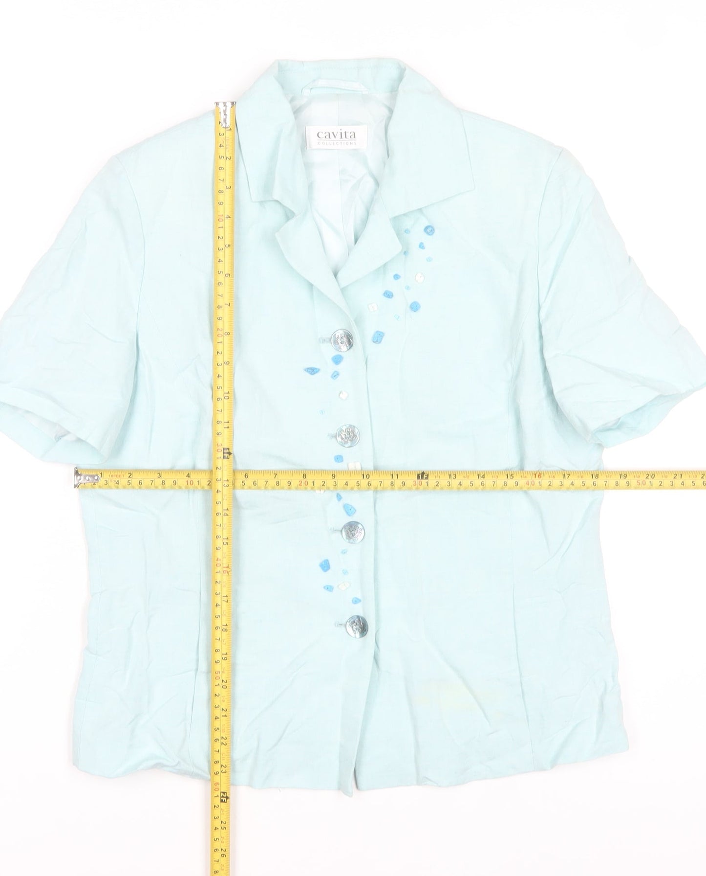 Cavita Collections Women's Blue Beaded Linen Blend Short Sleeve Blazer Size 12