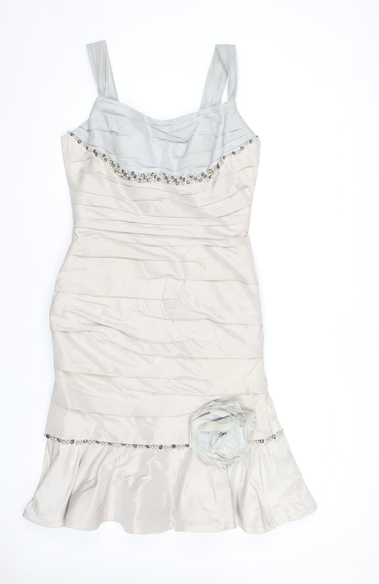 Ian Stuart London Women’s Beige Knee Length Sheath Dress Size 16 Beaded Formal