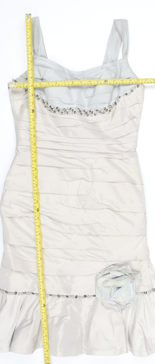 Ian Stuart London Women’s Beige Knee Length Sheath Dress Size 16 Beaded Formal